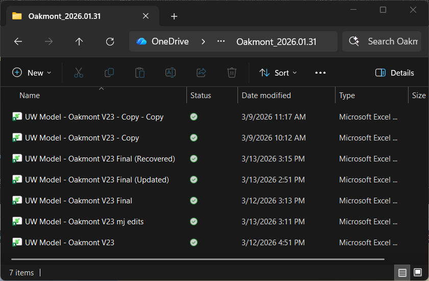 OneDrive folder showing seven versions of the same underwriting model